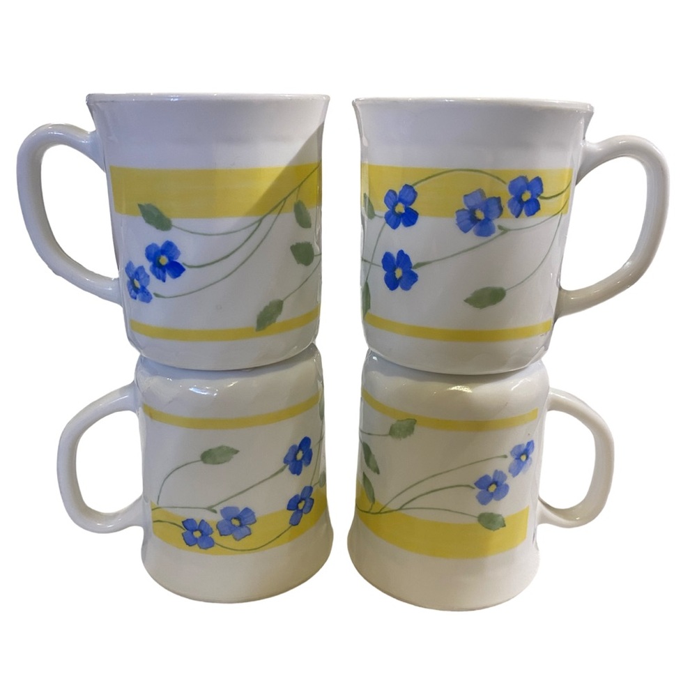 Vintage Arc Mugs Made in France Set of 4 White & Yellow with Blue Flowers